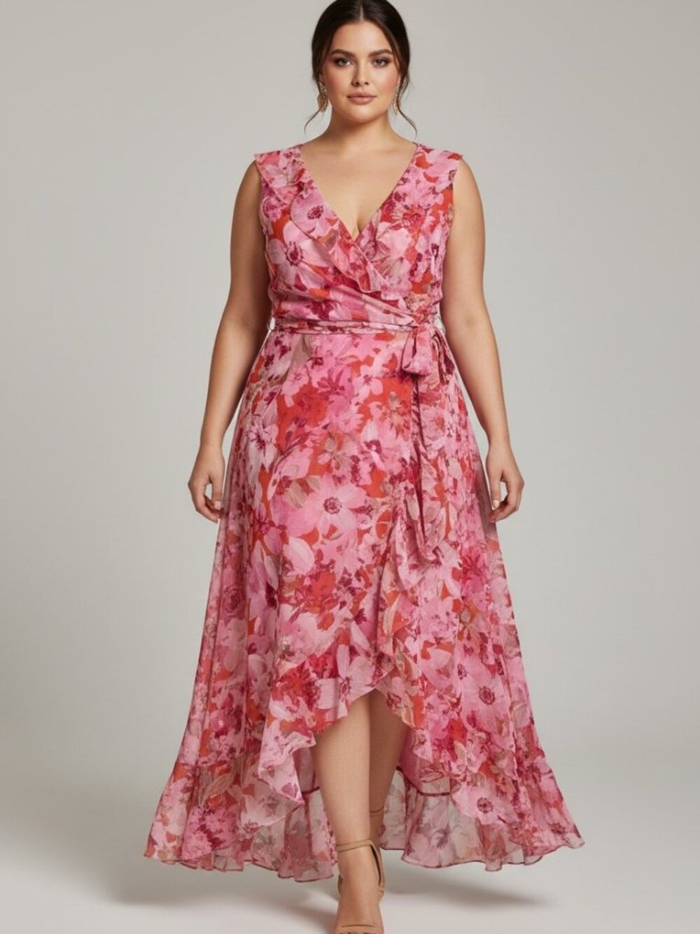 London Times Pink Floral Ruffle High Low Wrap Maxi Dress Size 12 Wedding Guest